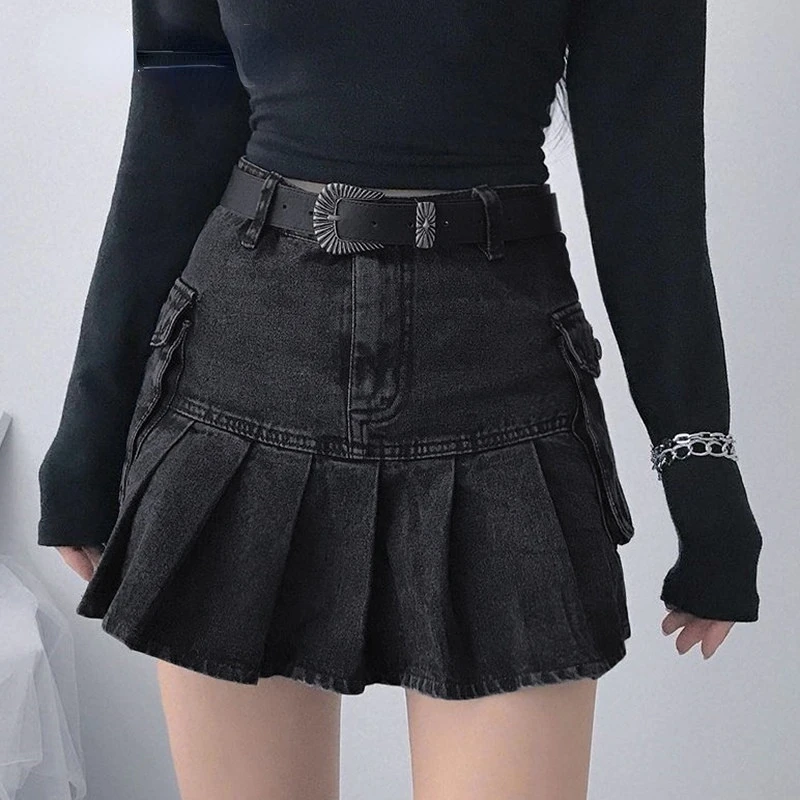 

Vintage Pleated Denim Skirts Women Dark Academia Fashion Skirts Goth Black High Waist Skirt 90s Korean Pockets Cuteandpscho