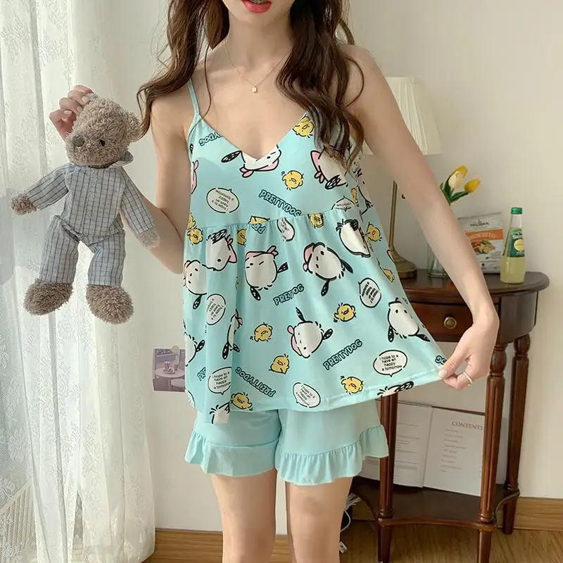 

Новинка, летний пижамный комплект Sanrio на бретелях, с мультяшным принтом и накладкой на грудь, милый Повседневный милый домашний костюм для девочек