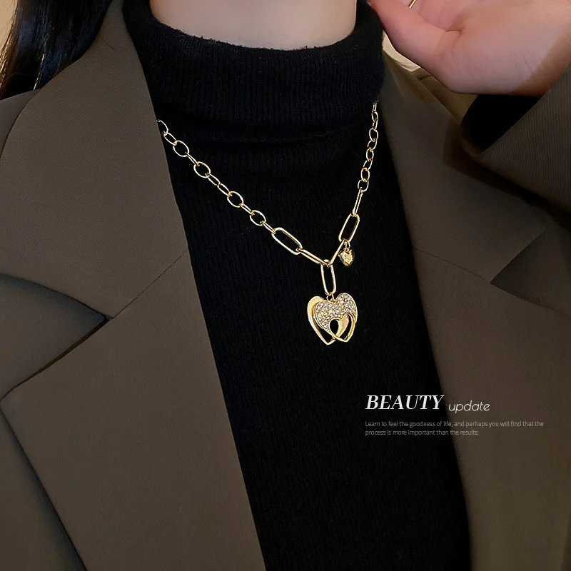 

Minar Charms Hollow Double Love Heart Pendant Necklace for Women Shiny Rhinestone Chunky Link Chain Chokers Necklaces Wholesale