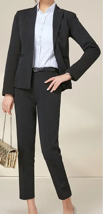 Women Pant Suit Black Formal Wear Business Uniform Spring Cropped Trouser Office Work