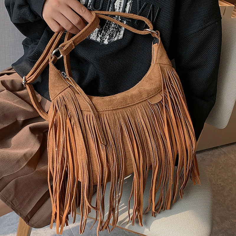 

Small Designer Vintage Suede Crossbody Shoulder Bag for Women Fashion Tassel Brand Luxury Handbag Lady Female Solid Color Purses