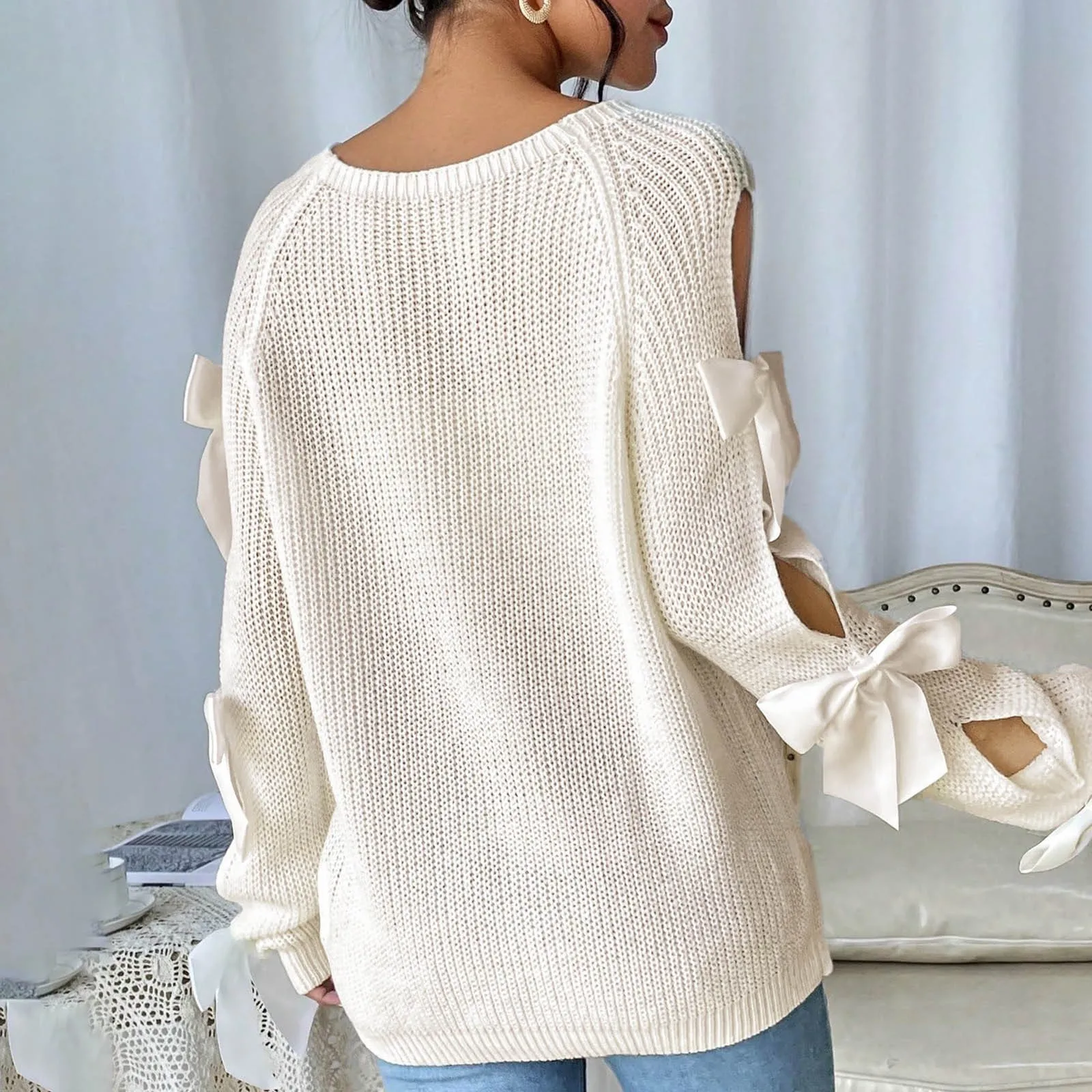 Женские пуловеры с бантом и вырезом длинными рукавами свитера большого размера