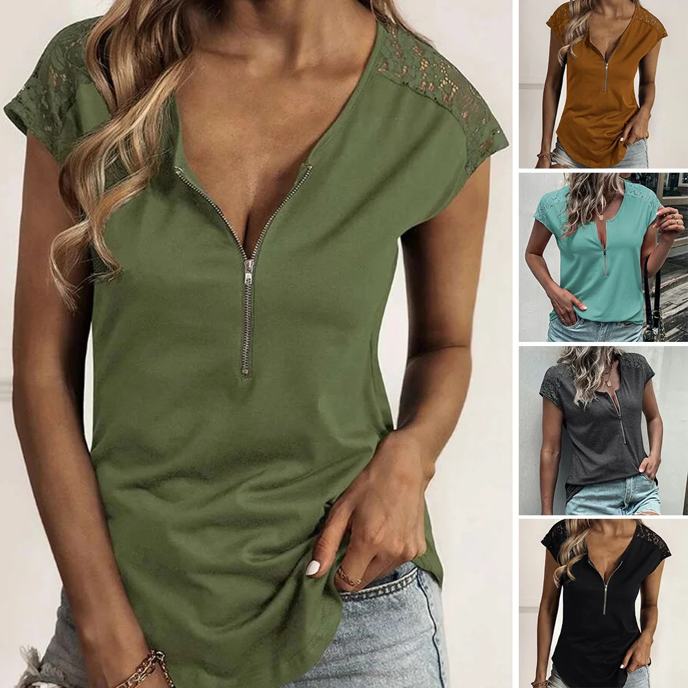 

Women Short Sleeves Summer Tops Lace Shoulder Half Zip V Neck T-shirt Slim Fit Lady's Tee Solid Color For Leggings Shorts D88