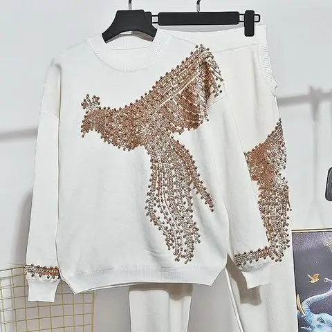 Spring Autumn Women Knitted Suits Beading Sequins Phoenix Pullovers Sweater Top + Casual Loose Harem Pants Trendy Two-piece Sets
