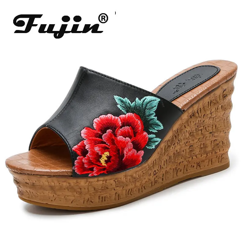

Fujin 8cm New Women Slippers Sandals Fashion Platform Peep Toe Elegant Slides Summer Genuine Leather Ethnic Moccains Shoes