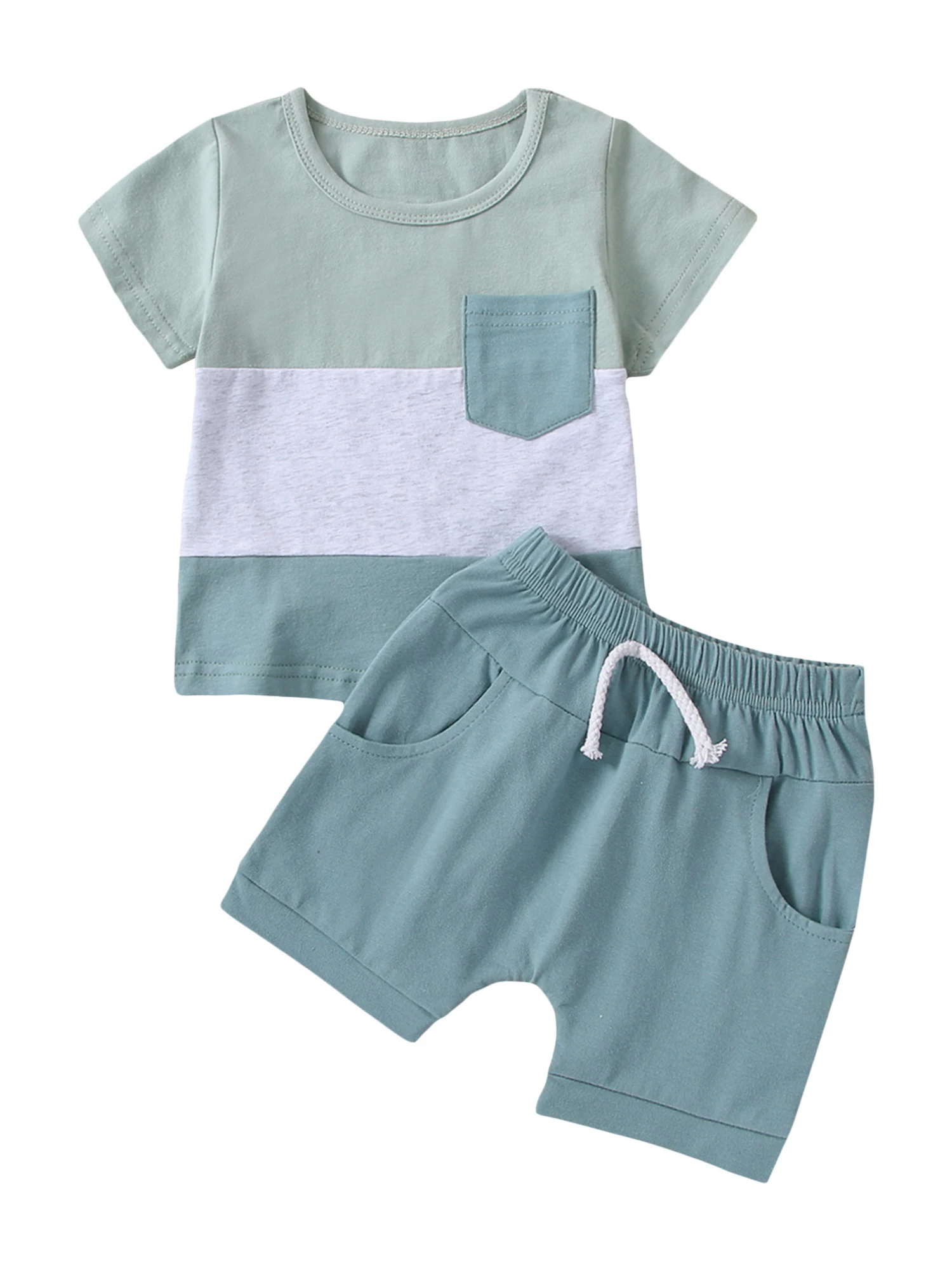 

Adorable Infant Boy Summer Outfit Stylish Round Neck Striped T-Shirt with Elastic Waist Shorts - Perfect Toddler Clothing Set