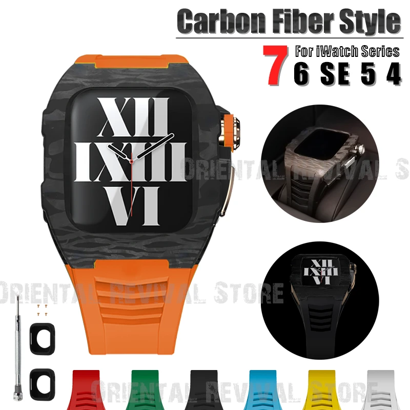 

High-end Carbon Fiber Case Band for Apple Watch 7 45mm Stainless Steel Metal Buckle for iWatch 6 SE 5 4 Series 44mm Rubber Strap