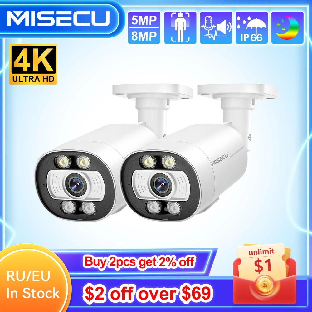 MISECU UHD 8MP 4K Outdoor PoE IP Camera AI Smart H.265 Two Way Audio Waterproof Night Vision Home Record Surveillance Camera