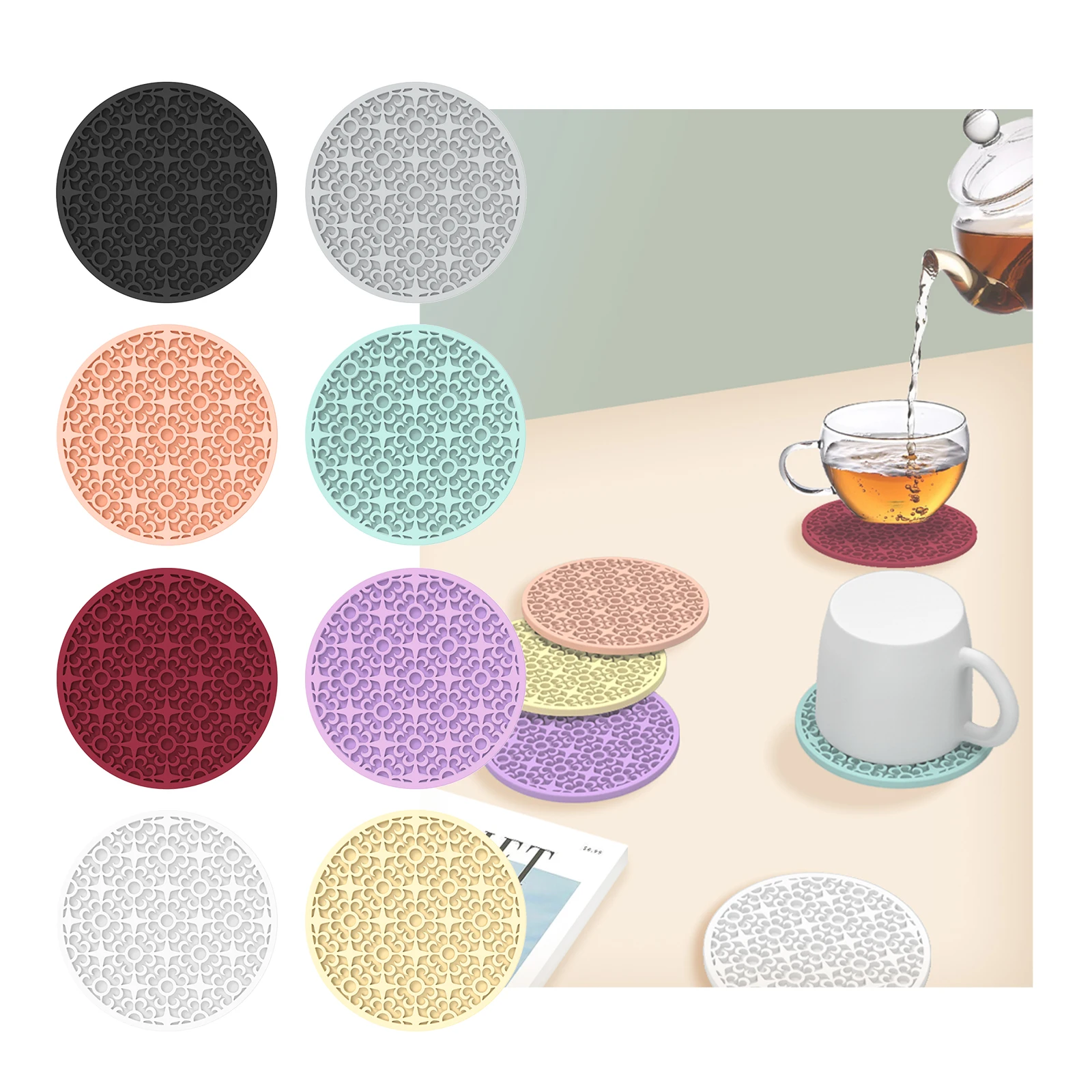 

Non-toxic durable new arrival Cup Mat with flower Coasters silicon Waterproof Soft Non-slip Silicone Cup Mat Pad