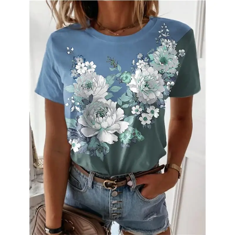 

2022 Women's Summer Dress3D Graphic T Shirts Floral Crew Neck Short Sleeve Women Tops and Blouses Fashion Regular Everyday Top