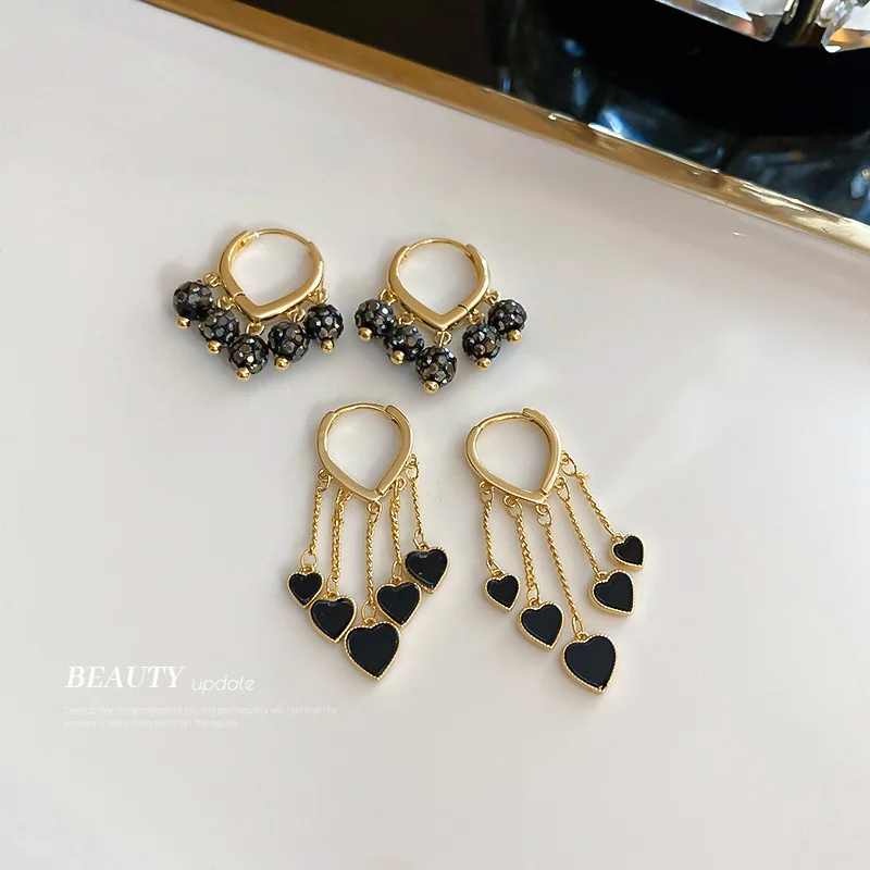 

Minar Sweet Black Color Love Heart Long Tassel Earring for Women Gold Color Metallic Glitter Ball Hoop Earrings Anniversary Gift