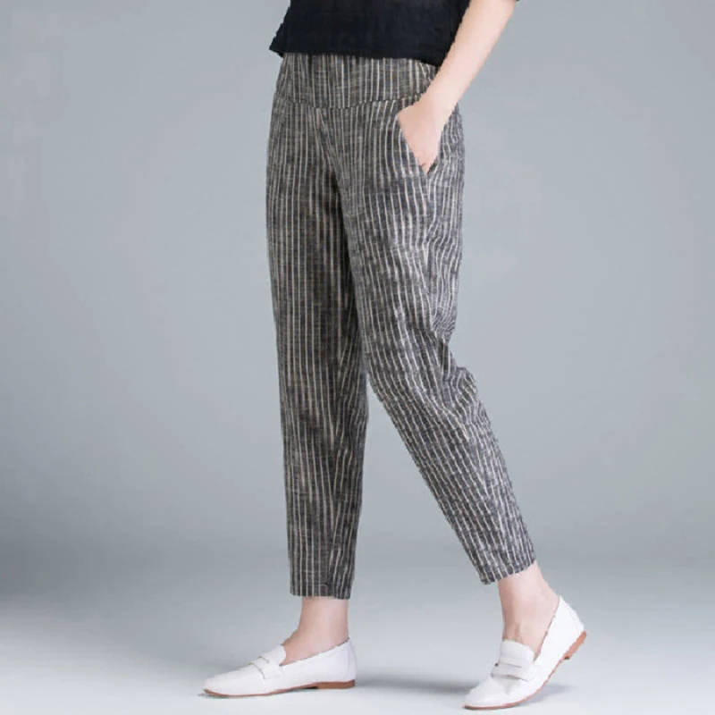 

Winter Fall AutumnKorea Fashion Elegant High Waist Thin Casual Harem Pants Women Pants Striped Cotton Linen Trousers