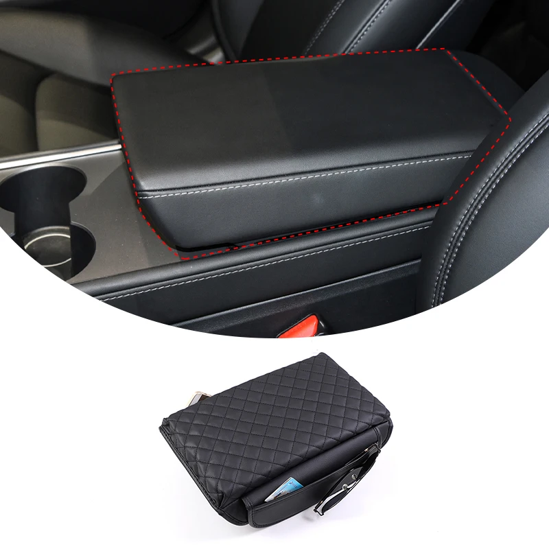 

For Tesla Model 3/Y center armrest box cover (side pocket model) leather material black 1 piece