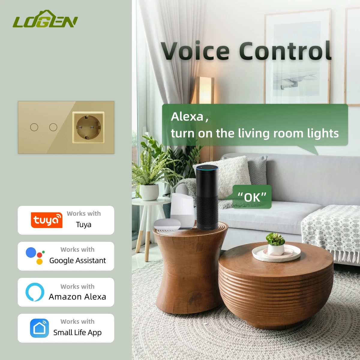 LOGEN Wi-Fi 1/2/3Gang Smart Touch Switch Настенный выключатель света Стеклянная панель Tuya Life App Control