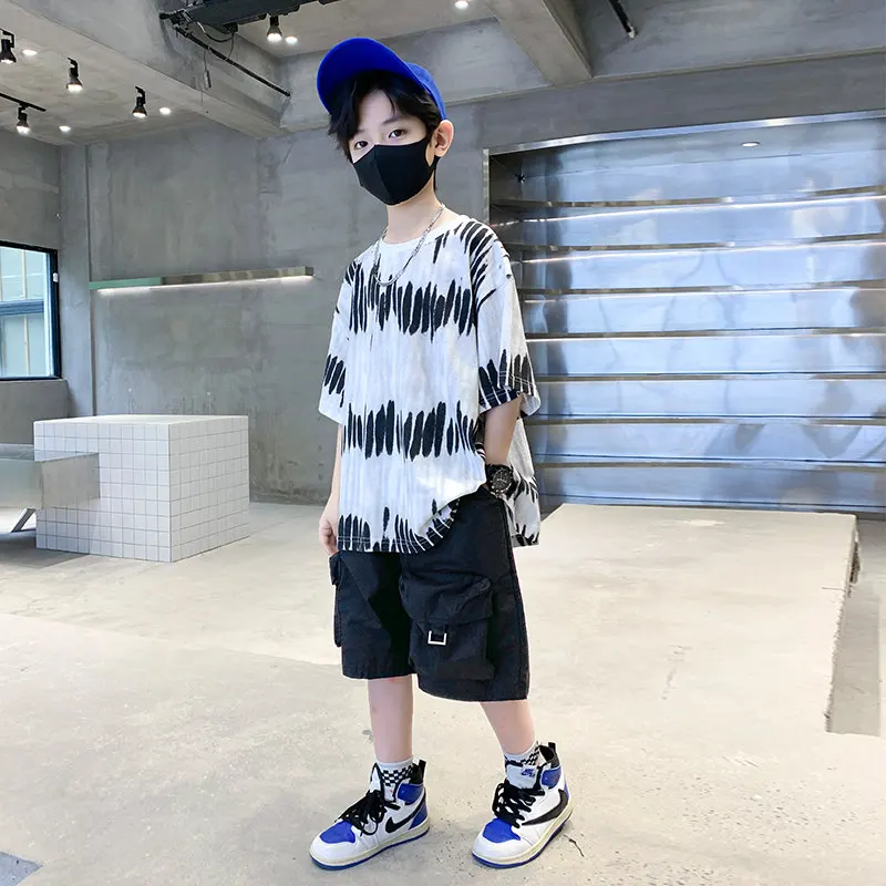 New Boys Short Sleeve Tie-Dye Tshirt+Shorts Summer Sports Suit for Kids Sets Children's Fashion Two Piece Clothes 6 8 12 14 Ages