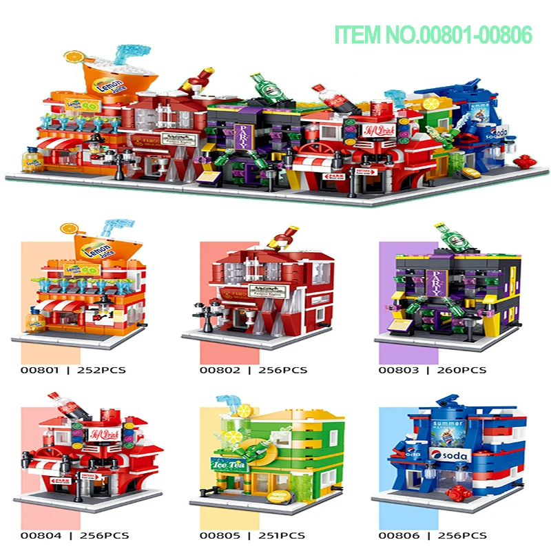 

00801-00824 Assembled Building Blocks Street Store Series Figures Drink Pizza Shop Educational For Children's Toy