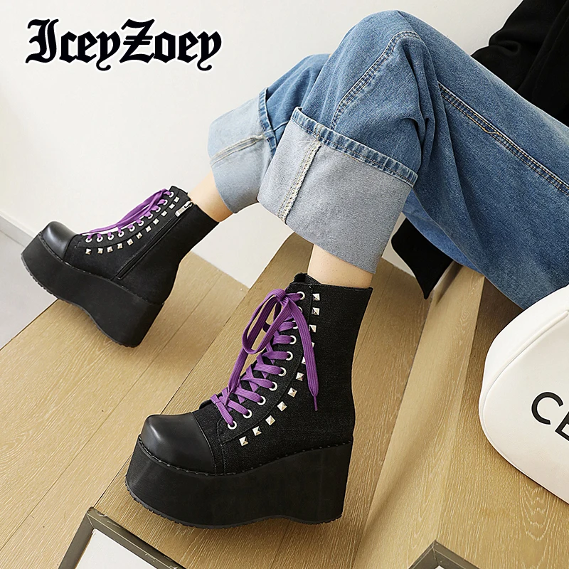 

IceyZoey Size 35-48 New Women Ankle Boots Thick Soled Lace-Up Boots Metal Platform Solid Short Boots Wild Female Shoes Footwear