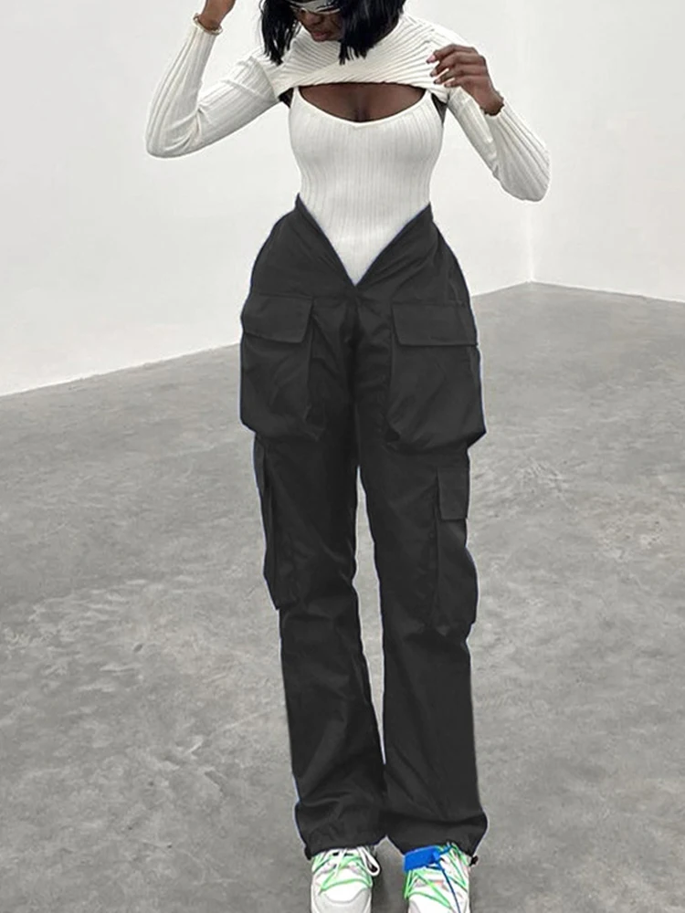 

Streetwear Fashion ins New Arrival Women Stylish Solid Color Straight Multiple Pockets Leg Hip Hop Casual Overalls