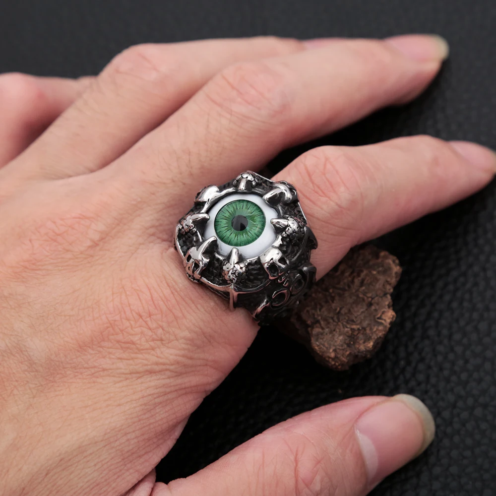 Gothic Evil Eye Rings Men Women Stainless Steel Green Eyeball Skull Claw Ring Punk Hip Hop Jewelry Accessories Halloween Gift