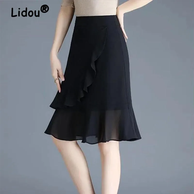 

Summer Fashion Casual Office Lady Commute Chiffon High Waist Mid-length Skirt Women Ruffle Sexy Black Bag Hip Y2k Mermaid Skirts