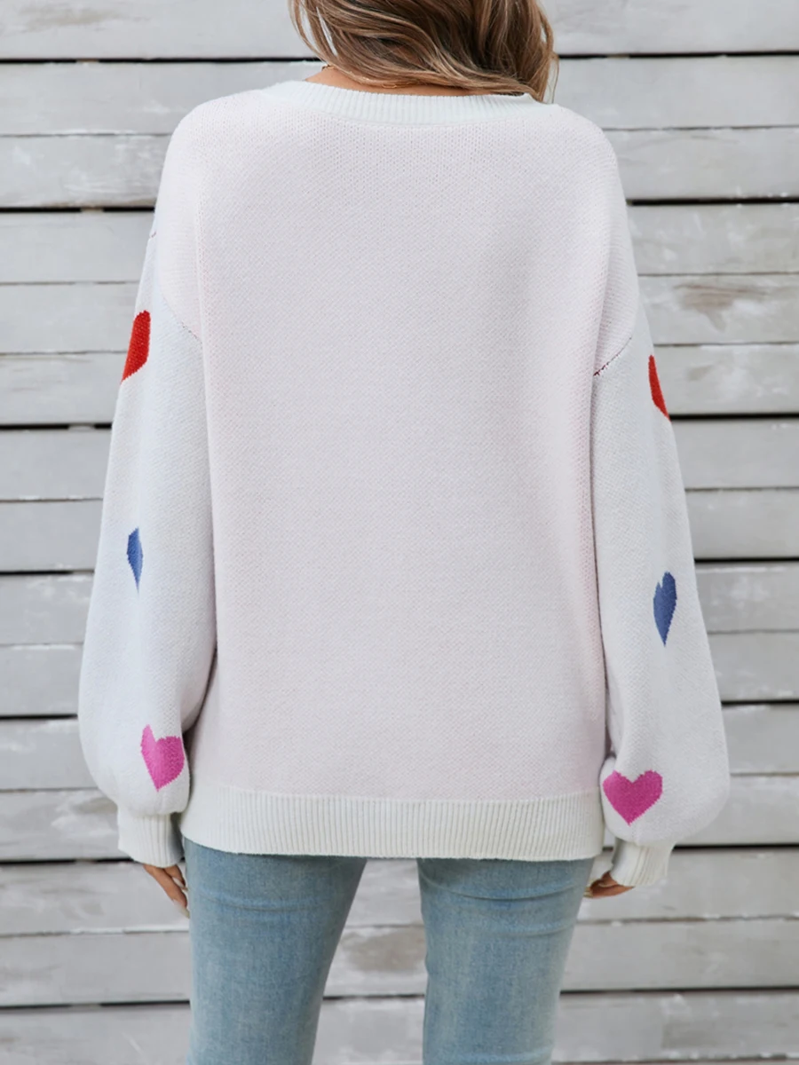 Женский свитер с принтом сердца Свободный пуловер длинным рукавом и круглым