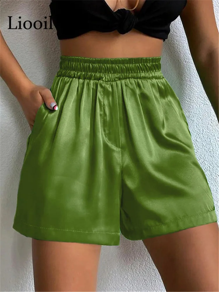

Liooil Sexy Satin Shorts Women High Waist Wide Leg Bottoms Summer 2022 Streetwear With Pockets Black Green Casual Short Pants