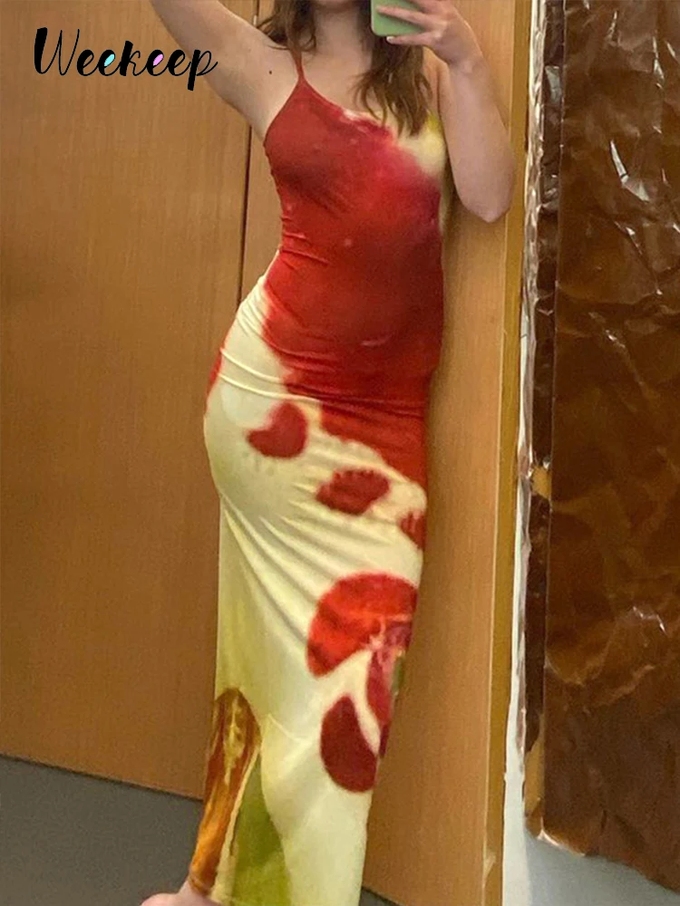 

Weekeep гранж обтягивающее длинное платье модное платье миди без рукавов на бретельках 2022 Летние повседневные наряды для женщин y2k одежда