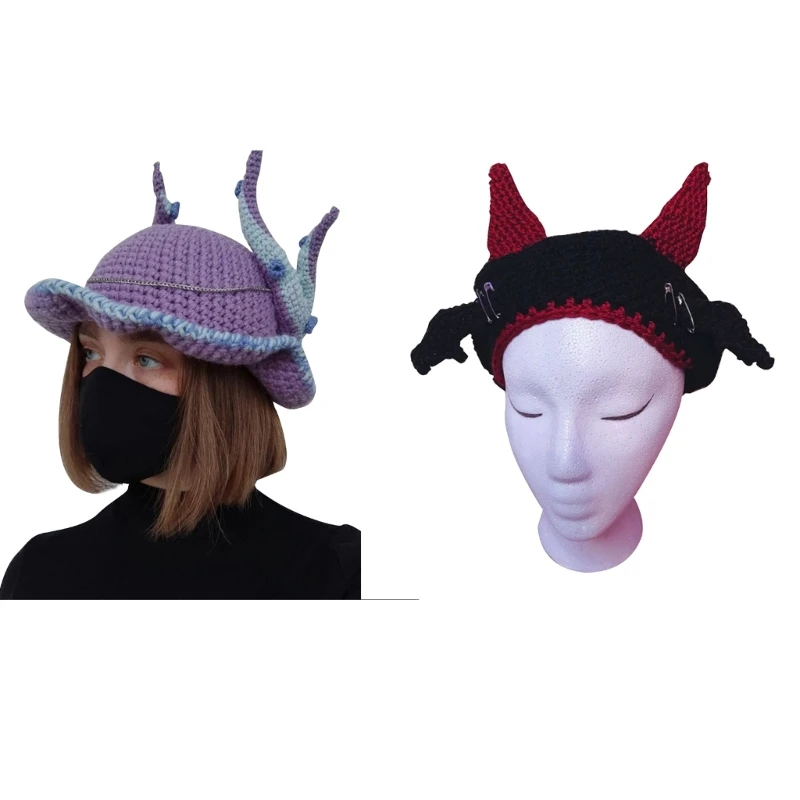 

Little Devil Hat Devil Horn Hat Knit Devil Hat Halloween Funny Hat Y2K knit Party Hat Skullies