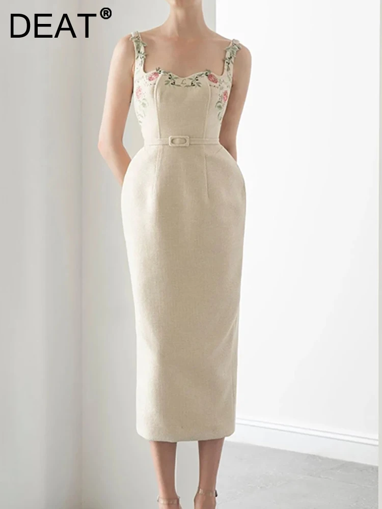 

Женское платье из хлопка и льна DEAT, квадратные модные летние платья без рукавов с высокой талией и открытой спиной, 13DB2145, 2023