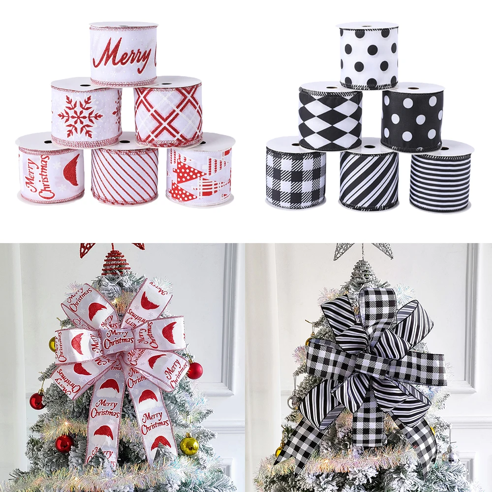 

6pcs Christmas Tree Decoration Burlap Print Ribbon Roll DIY Xmas Handmade Gift Bow-knot Prop Home Party Wedding Navidad Supplies