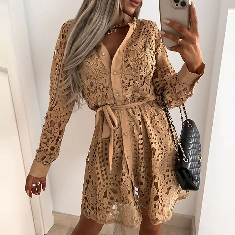 

Sexy Women Lace Hollow Out Shirt Dress of Femmer Turn-down Collar Soid Party Dress Vintage Office Lady Ruffle Beach Dresses Robe
