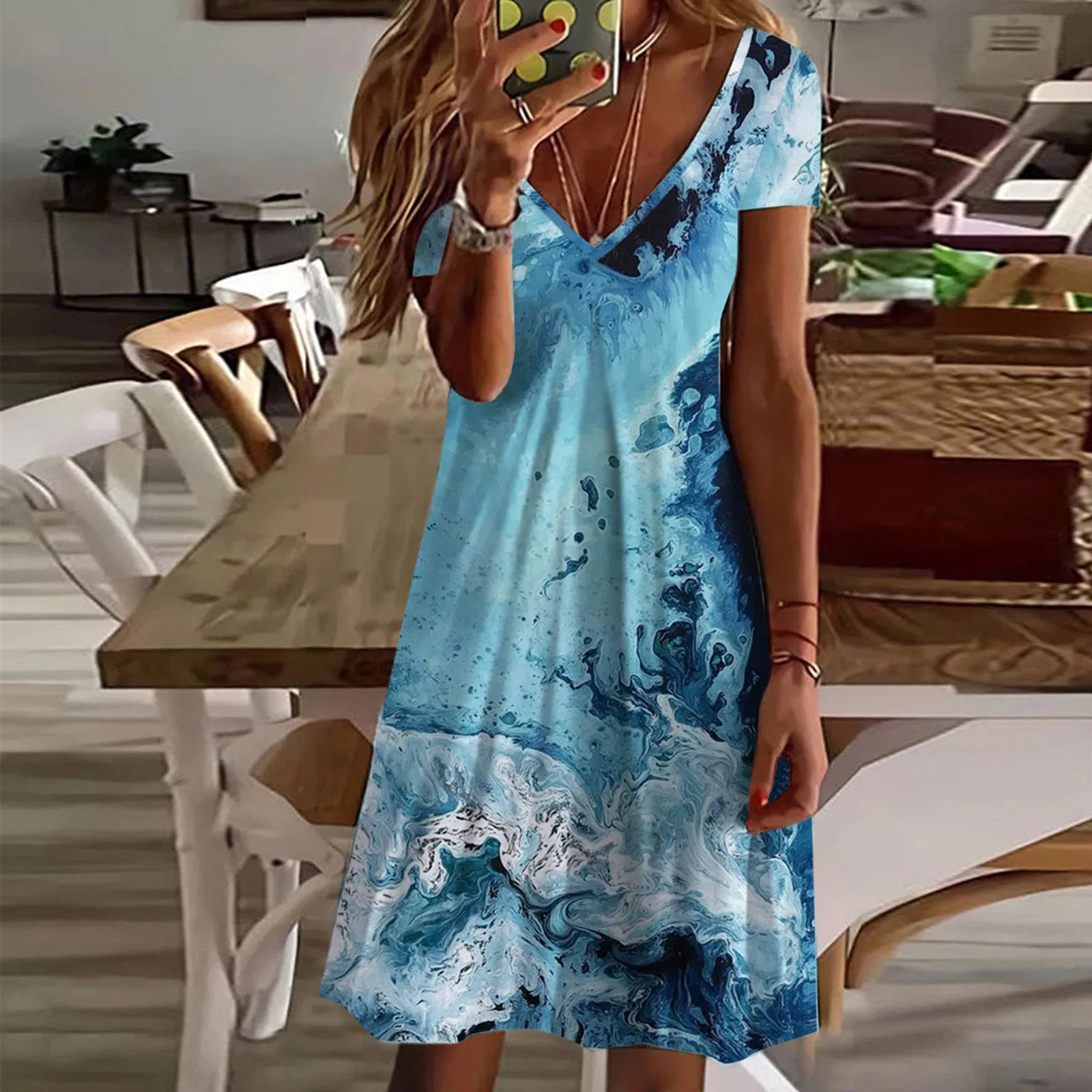 

Womens Summer Casual Blue Dress V Neck Sleeve Loose Flowy Swing Dress