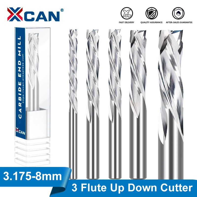 XCAN CNC Router Bit 3 Flute Up Down Cut Carbide End Mill 3.175-12mm Shank Compression Milling Cutter For Metal Aluminum Cutting