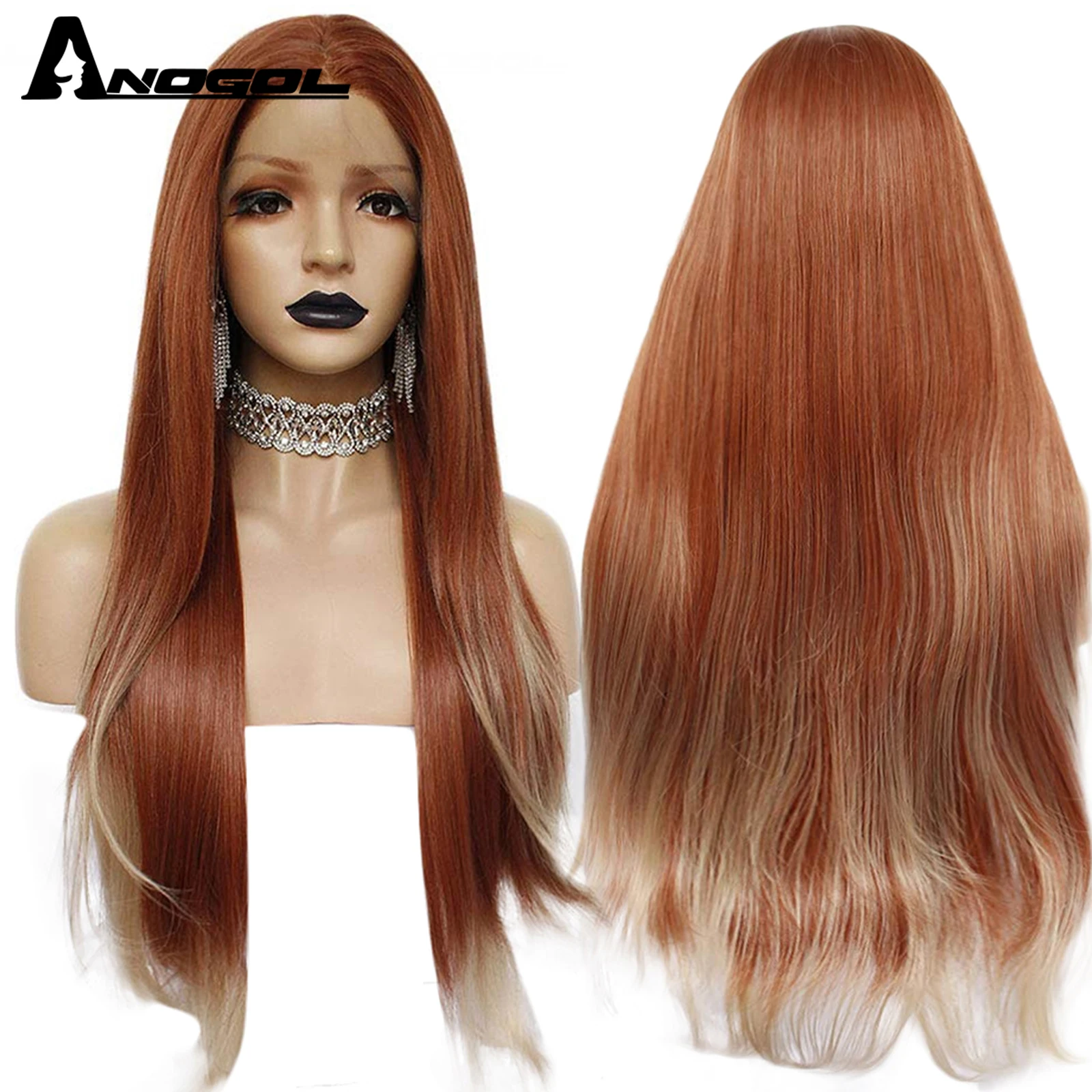 ANOGOL Synthetic Auburn-Orange TPart Lace Wig Long Straight Middle Part Copper-Red Heat Resistant Fiber Wigs for Black Women