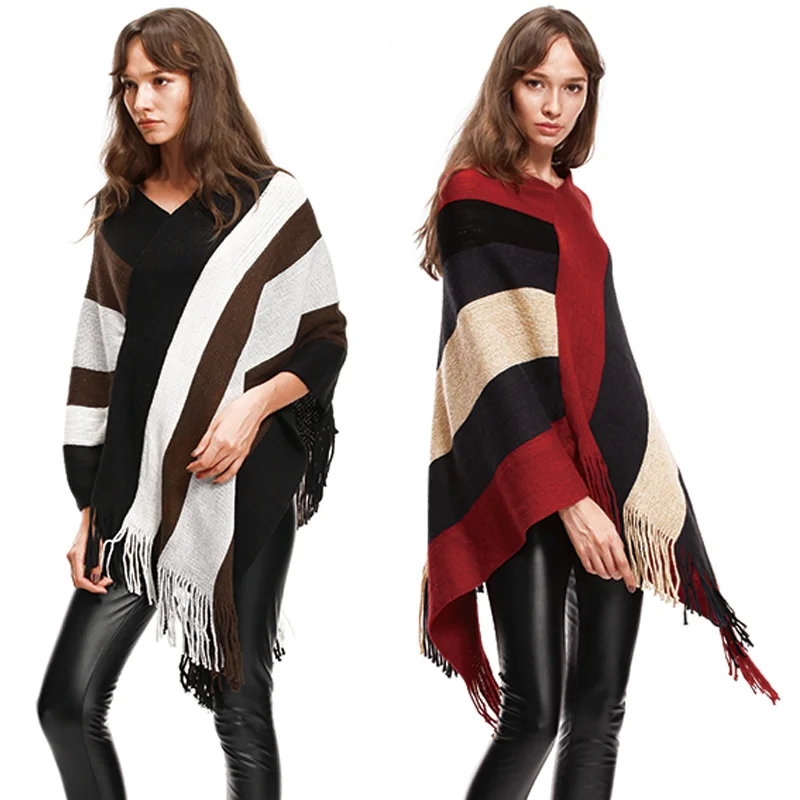 

Вязаные женские пальто зима 2022 полосатые кашемировые накидки Модные свободные уличные корейские пончо большого размера на осень