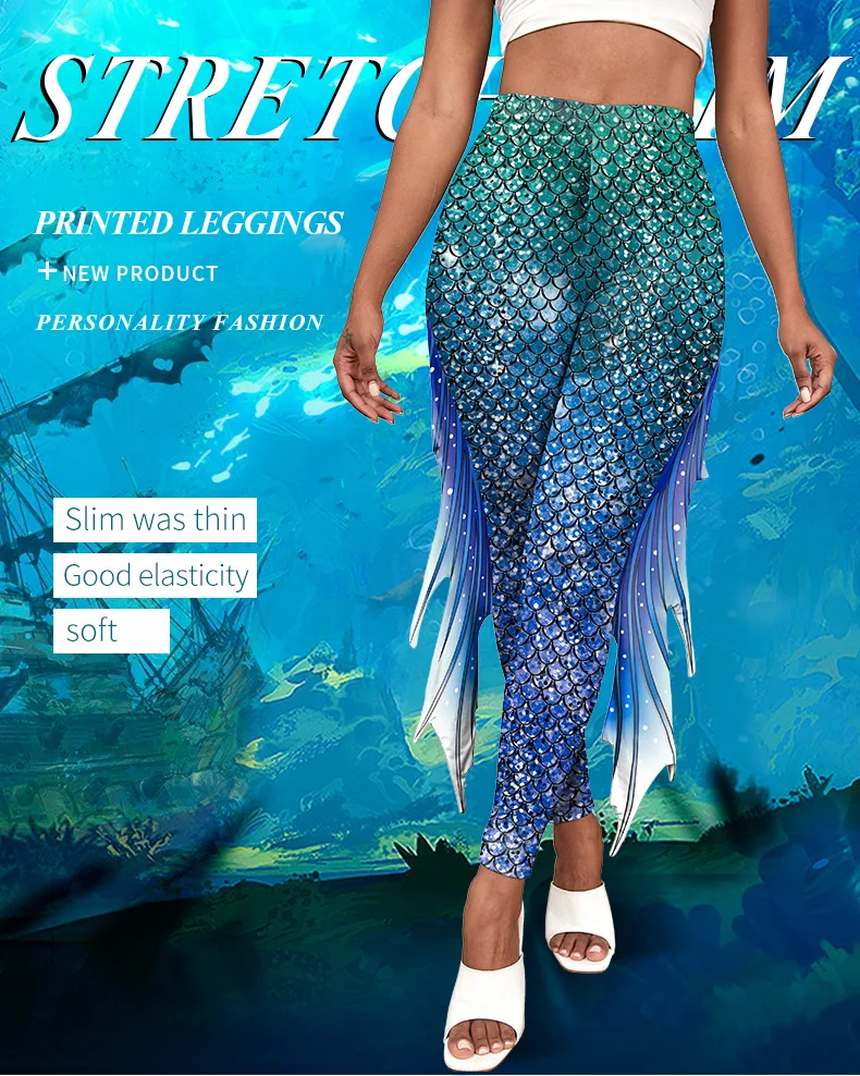 

2023 Spring and Autumn New Women's Leggings Mermaid Fish Scale Print Pants Tight Heel Lifting Pants Yoga Pants