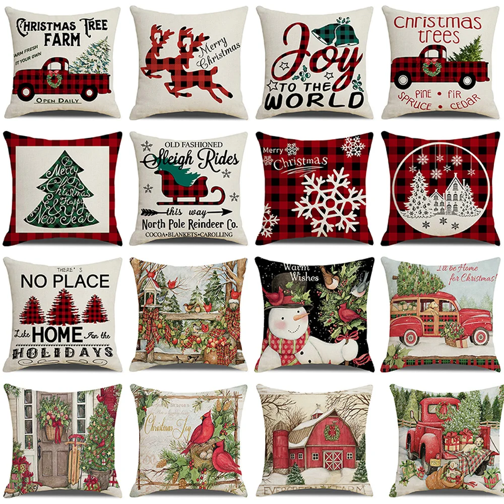 

Christmas Pillow Cover 18X18 Inches Red and Black Buffalo Lattice Plaid Decorative Cushion Cover Xmas Snowman Printed Pillowcase