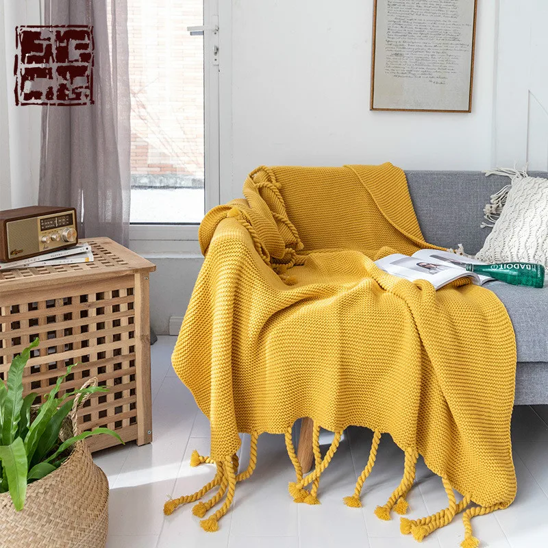 

Nordic solid color retro tassel knitted blanket office sofa blanket photo decoration leisure model bed end blanket