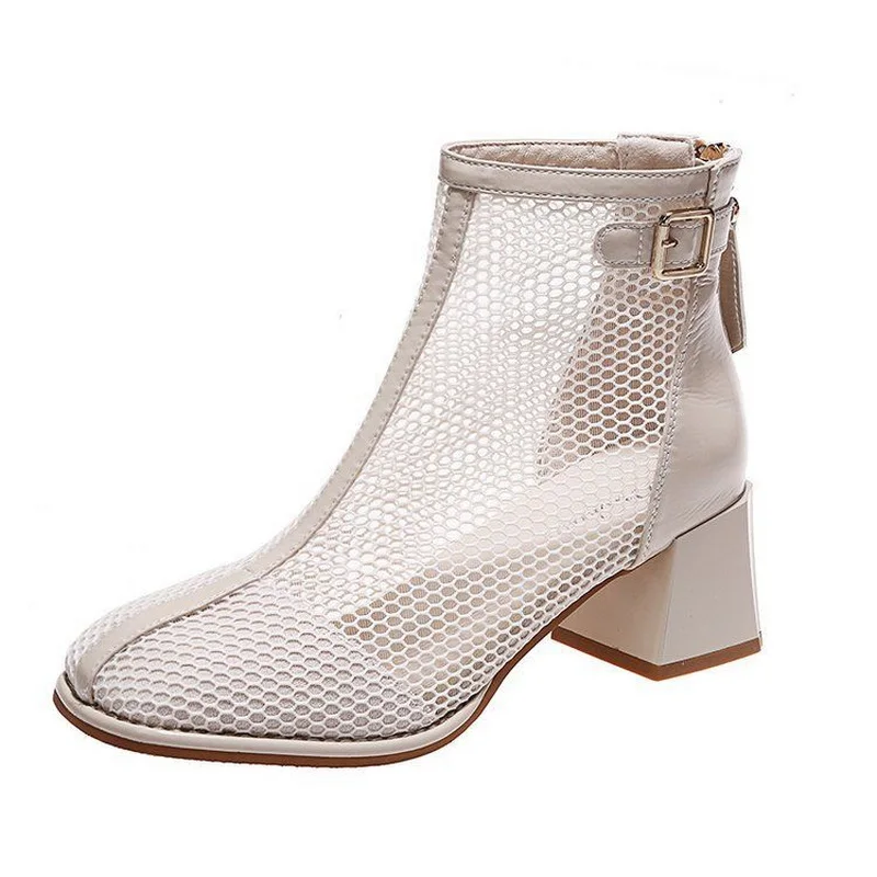 

Женские ажурные сетчатые сапоги 2022, модные летние сапоги на высоком каблуке, короткие сапоги, с круглым носком, дышащие, черные, бежевые, Пря...