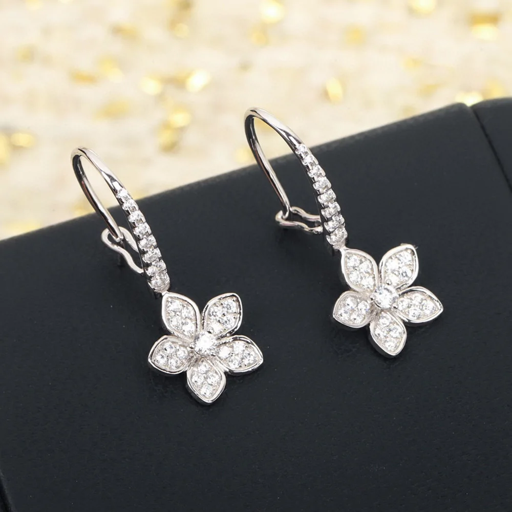 

New Trend High Quality Brand Pure 925 Sliver Crystal Flower Blossom Tassel Earrings Luxury Jewelry For Women Gilrs Wedding Party