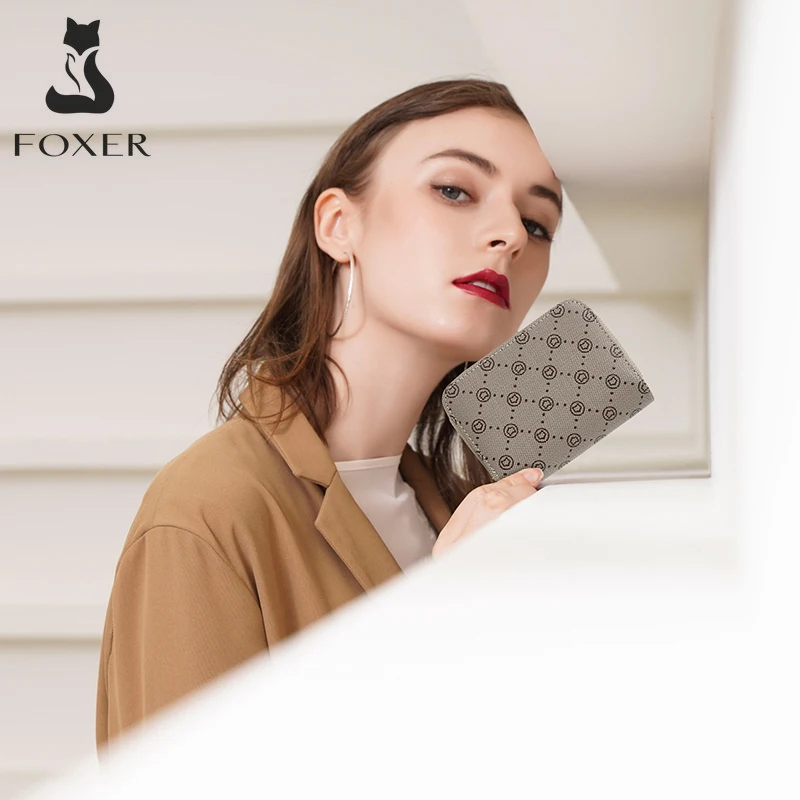 FOXER Women's PVC Leather Short Wallet Zipper Coin Clutch Bags Female Multi-Card Monogram Purse Ladies Fashion Small Card Holder