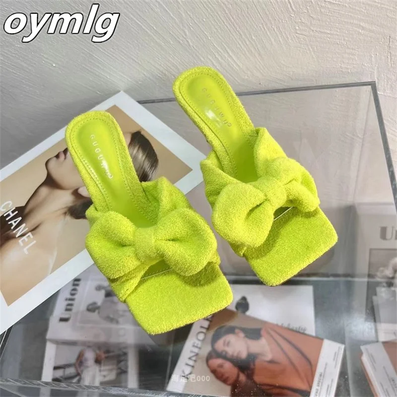 

Green bow sandals and slippers women's 2022 spring new outer wear square toe stiletto with a word open toe high-heeled slippers