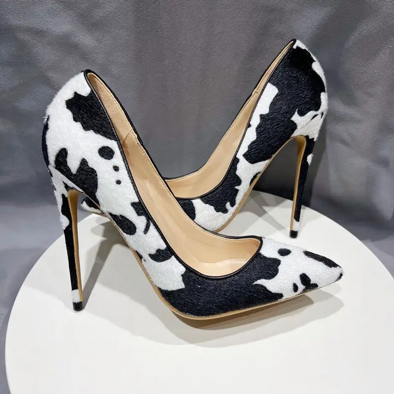 

Heelgoo Hairy Fabric Cow Pattern Women Pointy Toe High Heel Shoes Fashion Designer Slip On Stiletto Pumps for Wedding Party