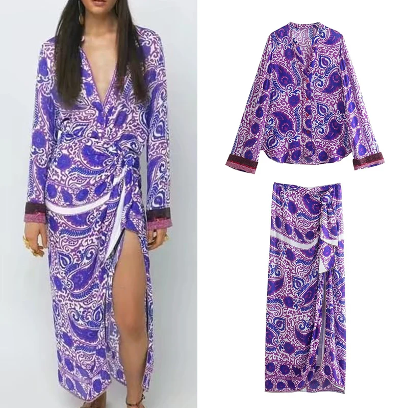 

2022 Spring Women Beaded Long Sleeve V Neck Printed Shirt High Waist Knotted Slit Straight Long Skirt Two Piece Suit XX8752
