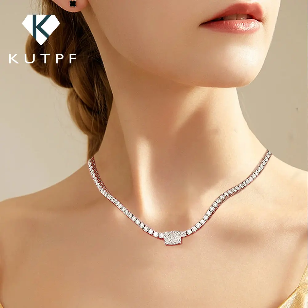 

3mm Moissanite Tennis Necklace with Radiant Pendant 925 Sterling Silver Plated 18k Gold GRA Certified Diamond Necklace for Women