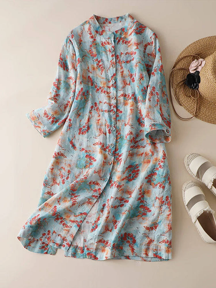 

2022 New Summer Elegant Fashion Women Mini Dresses Cotton Literary Graffiti Print Vestidos Stand Collar Oversized Shirt Dress