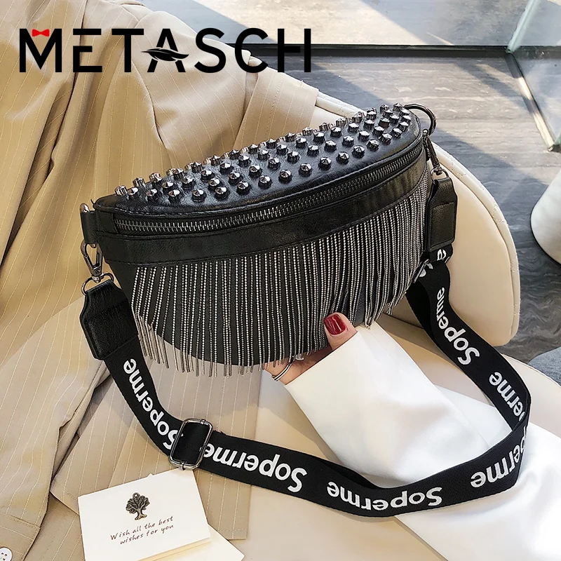 

METASCH High Quality Leather Women Crossbody Bags Fashion Rivet Shoulder Bags Metal Tassel Handbag Luxury Saddle Designer Bags