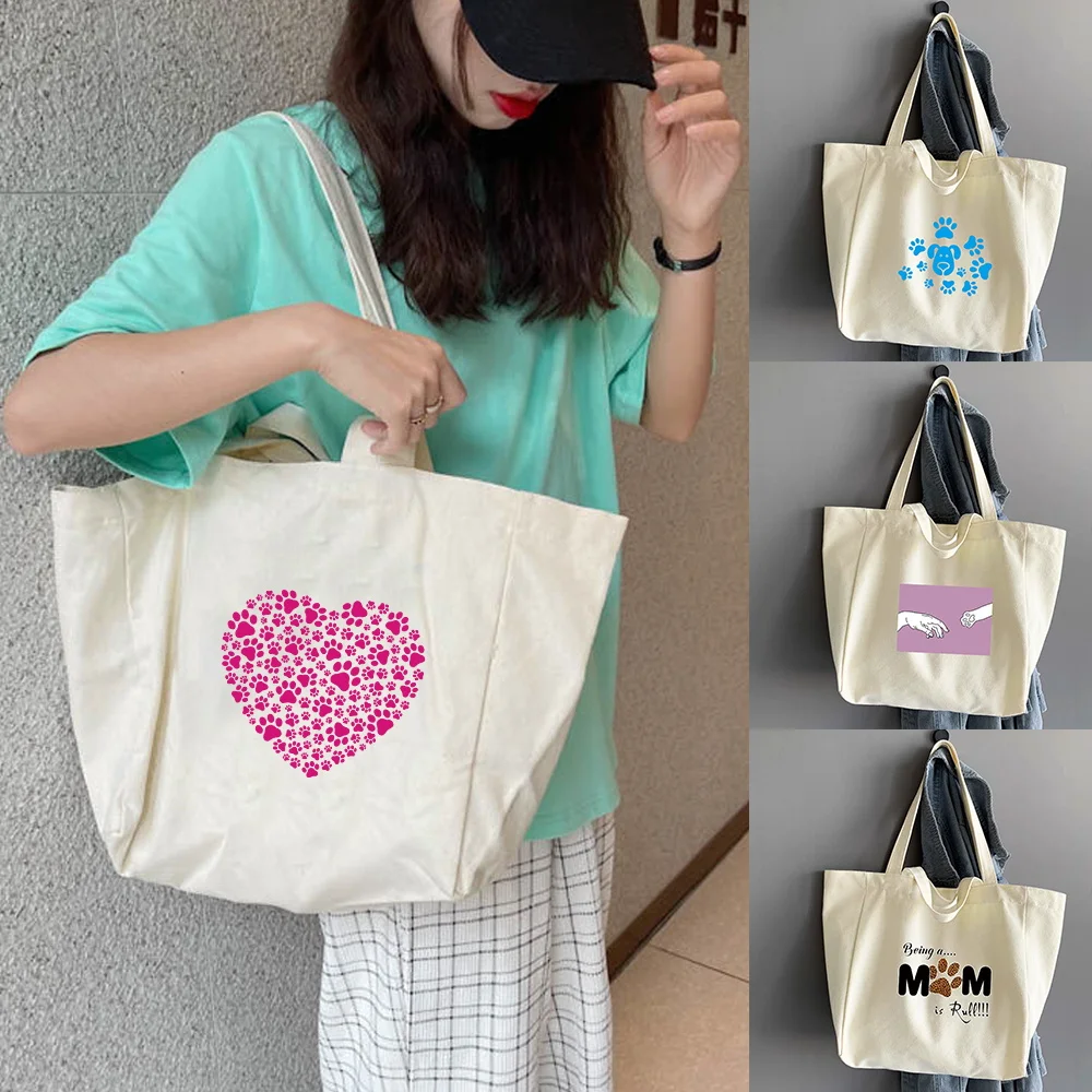 

Portable Women Canvas Storage Shoulder Bag Supermarket Shopping Bag Footprints Print Foldable Outdoor Reusable Organizer Handbag
