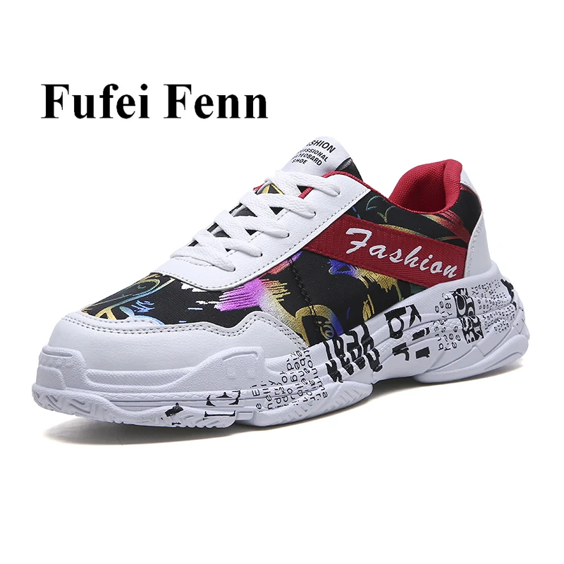 

Кроссовки мужские с принтом граффити, парусиновые, Повседневные Дышащие, на платформе, массивные, белые