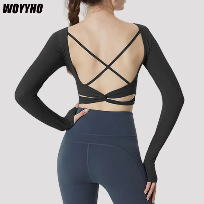 

WOYYHO Sexy Open Back Tight Sport Top Gym Yoga Shirts Women Long Sleeve Fitness Crop Top with Built In Bra Running Clothing